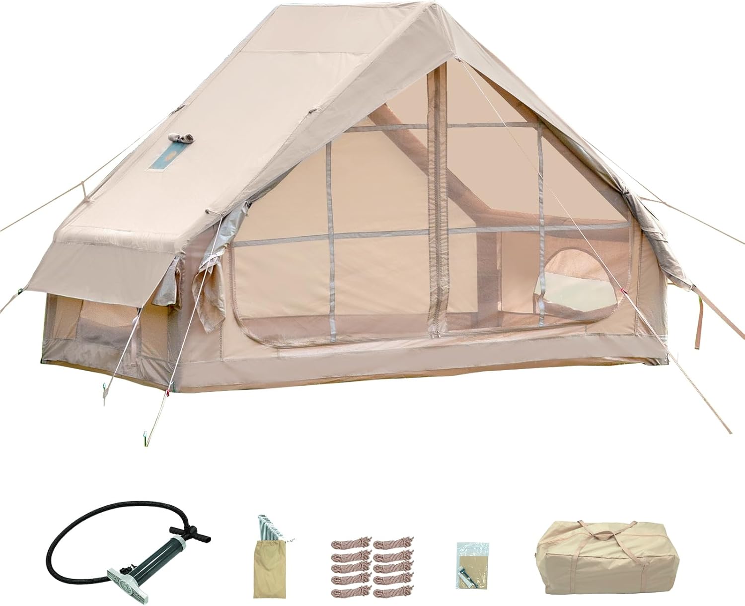 6sq Beige Inflatable Camping Tent with Hand Pump Easy Setup Waterproof Windproof Outdoor Blow up Tent 3-4 Person Oxford 4 Season Glamping Air Tents Cabin House with Mesh Windows Door 6sq Beige Inflatable Camping Tent with Hand Pump Easy Setup Waterproof Windproof Outdoor Blow up Tent 3-4 Person Oxford 4 Season Glamping Air Tents Cabin House with Mesh Windows Door