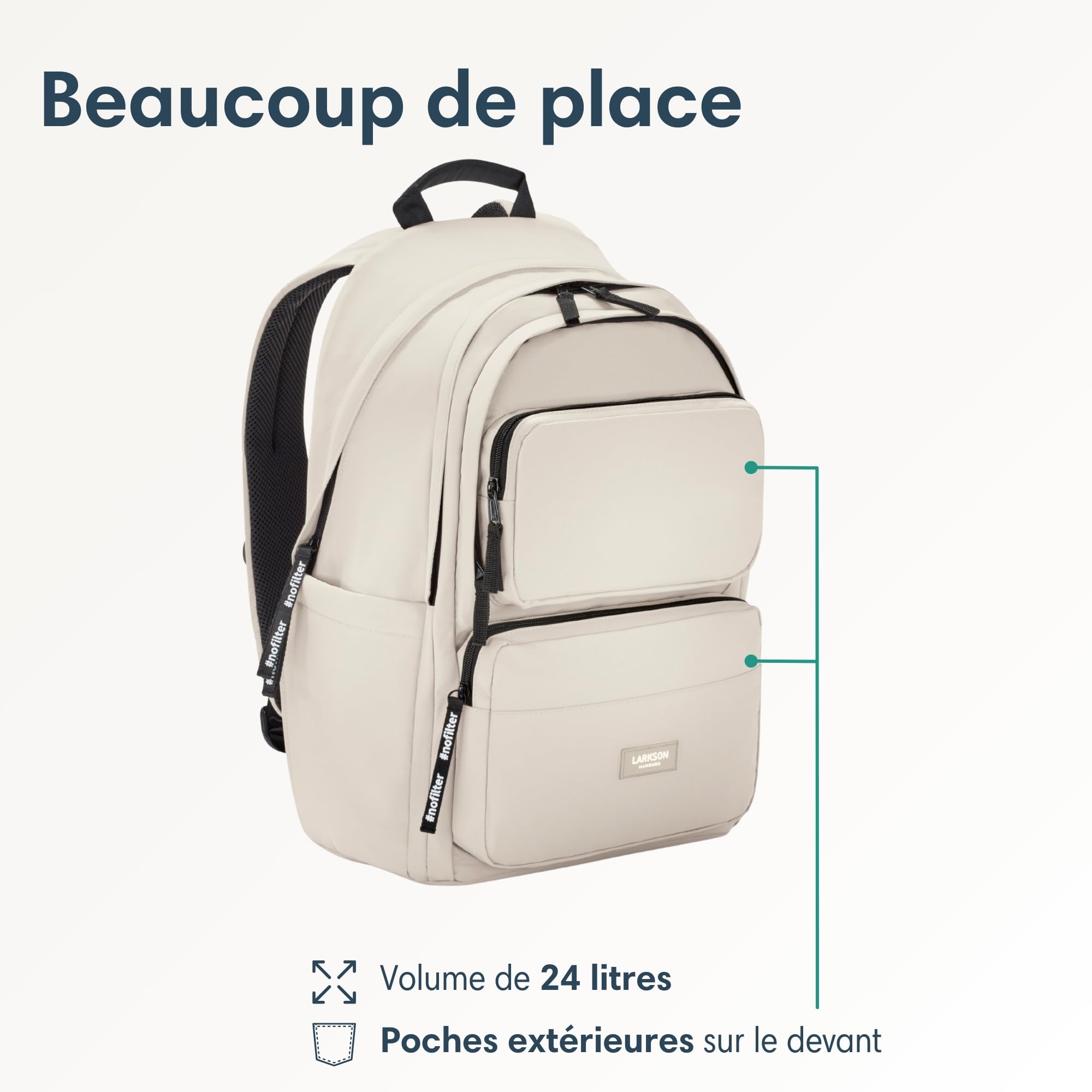 LARKSON Sac à Dos Fille & Garçon Beige - No 3 Advanced - Sac Ordinateur 16" pour Collège, Sport & Voyage - Grand Sac à Dos de Loisirs pour Hommes & Femmes - En PET - Imperméable