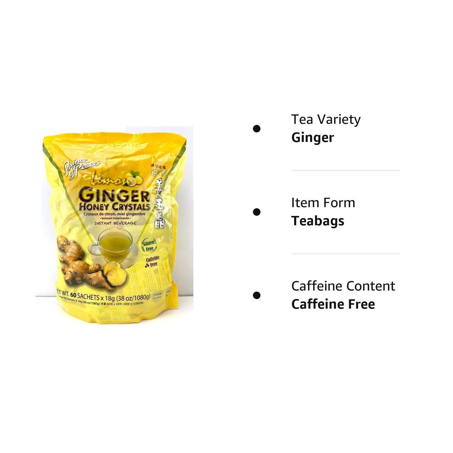 Prince of Peace Instant Ginger Honey Crystals with Lemon, 60 Sachets – Instant Hot or Cold Beverage – Easy to Brew – Drink Like a Tea – Caffeine and Gluten Free – Real Ginger