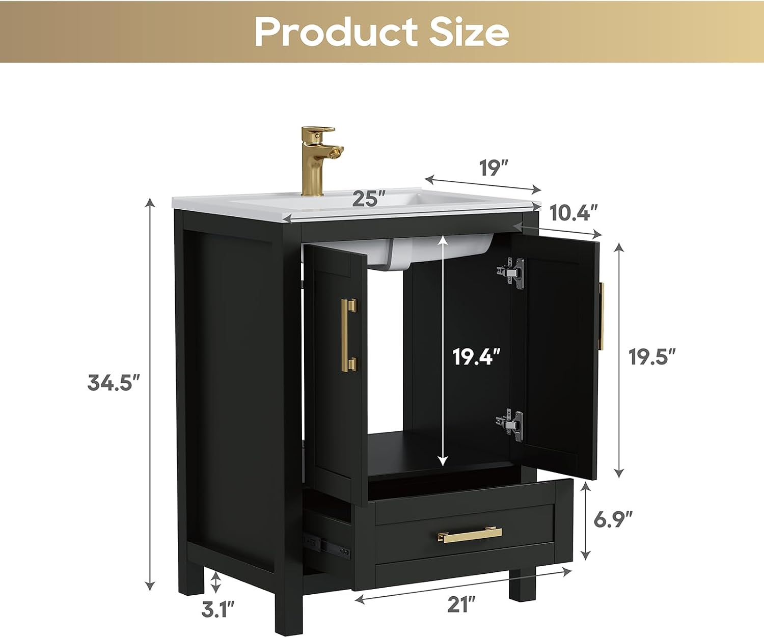 24 Inch Bathroom Vanity with Sink, Small Bathroom Vanity with Integral Sink, Modern Bathroom Sink Cabinet with Soft-Closing Doors & Drawer, 24 Inch Vanity with Sink, Black thumbnail