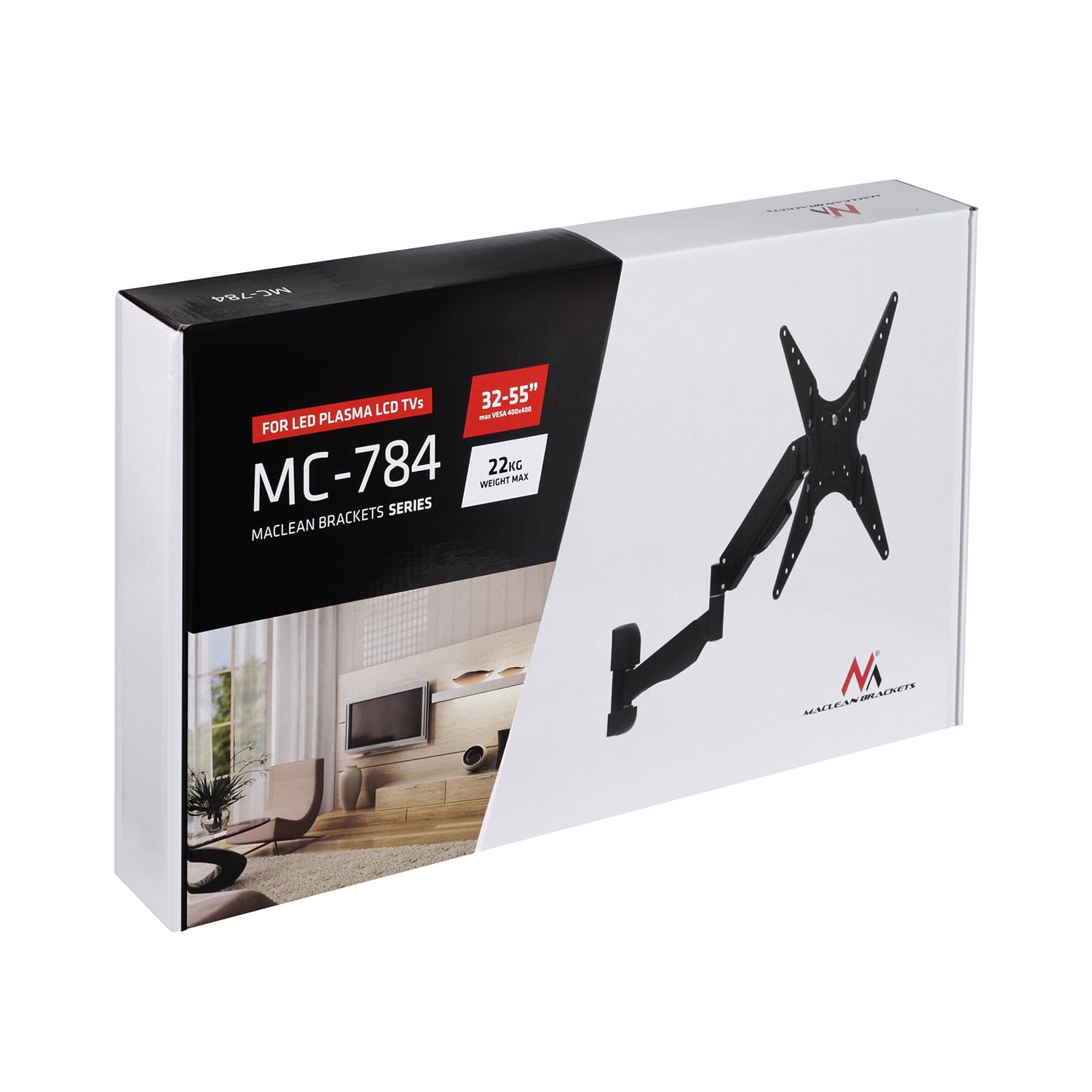 Maclean MC-784 - Soporte de pared para televisores LCD LED de plasma, inclinable, muelle de gas hasta 22 kg, máx. VESA 400 x 400 (2 brazos)