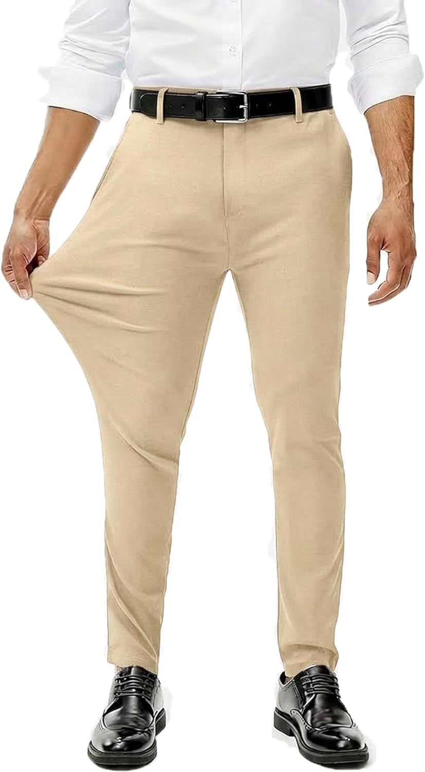 Comdecevis Mens Stretch Dress Pants Slim Fit Skinny Wrinkle Free Expandable Waist Golf Pant Tapered Chinos