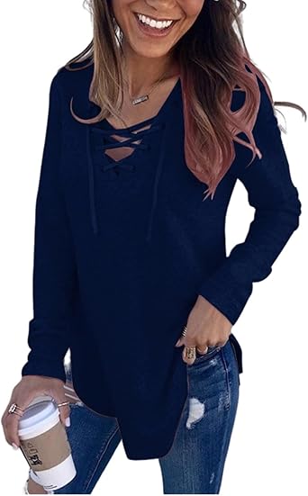 Womens Long Sleeve Shirts lace up Criss Cross v Neck Solid Color Tunic Tops Loose Pullover Sweatshirt Comfy Blouse