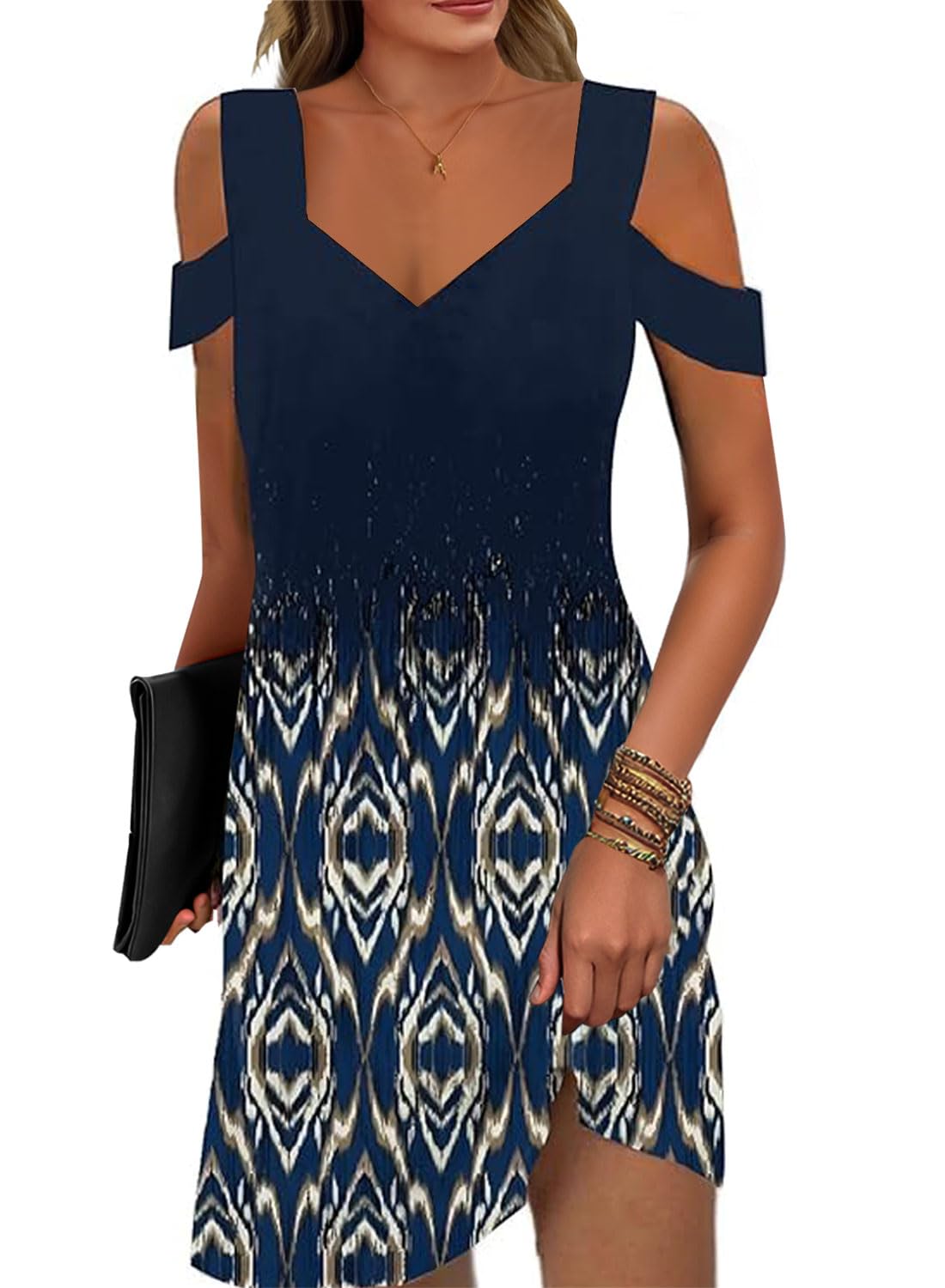 Soesdemo Womens Summer Dress Cold Shoulder V Neck Floral Printed 2024 Fashion Sundress with Pockets