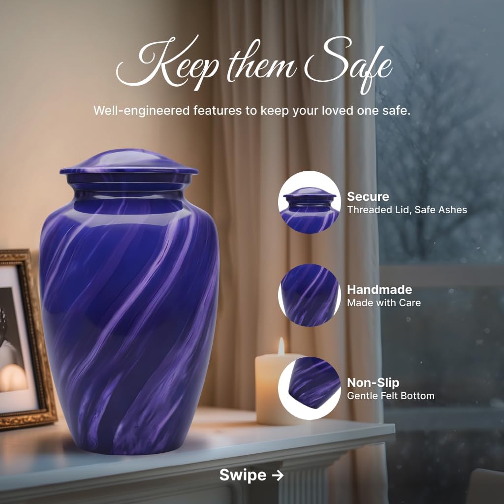 Set of 6 Cremation Urns for Human Ashes Includes 1 Large Urn with 4 Small Keepsakes & 1 Silver Necklace - Purple Marble
