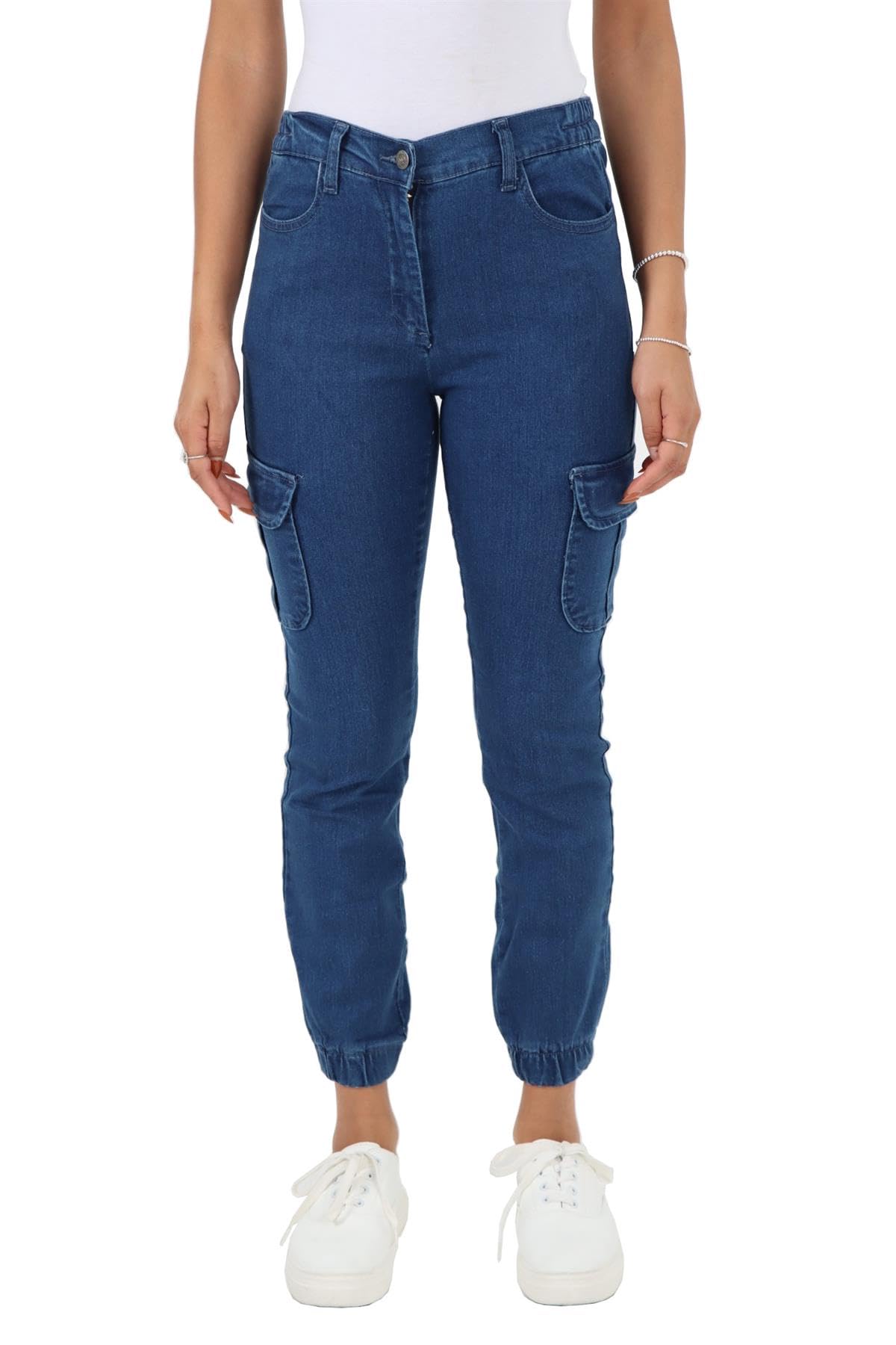 Myt Women's Mid Stonewash Side Elasticed Waist Jeans Cargo Self Cuffed Regular Fit Denim Trousers Mid Blue 22