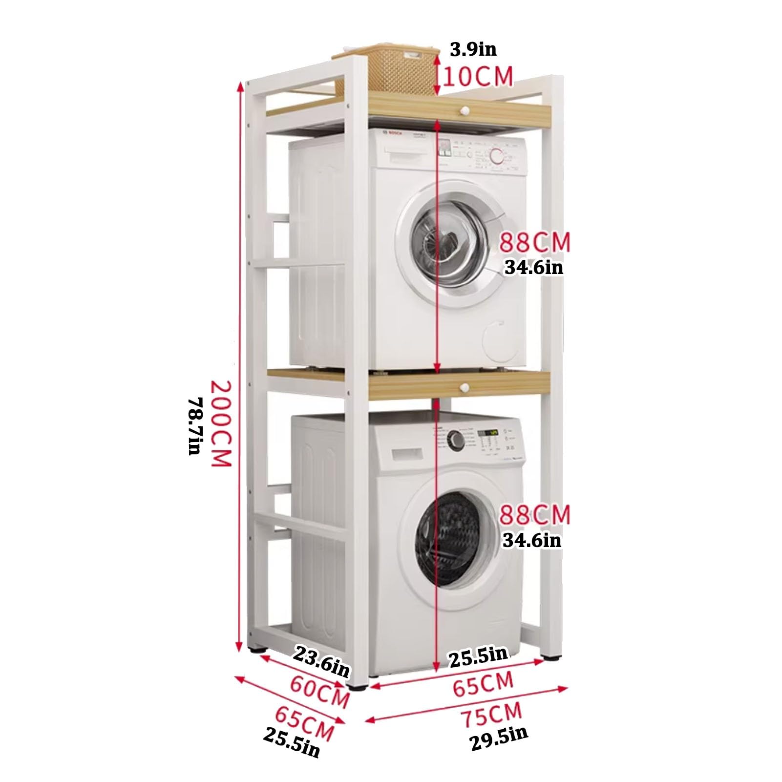 2-stöckiges Ablageregal Für Waschmaschinen, Waschmaschinen- Und Trocknerregal mt Wäscheständer, Praktisches Ablageregal Für Waschmaschinen mit Arbeitsplatte(White+Black)