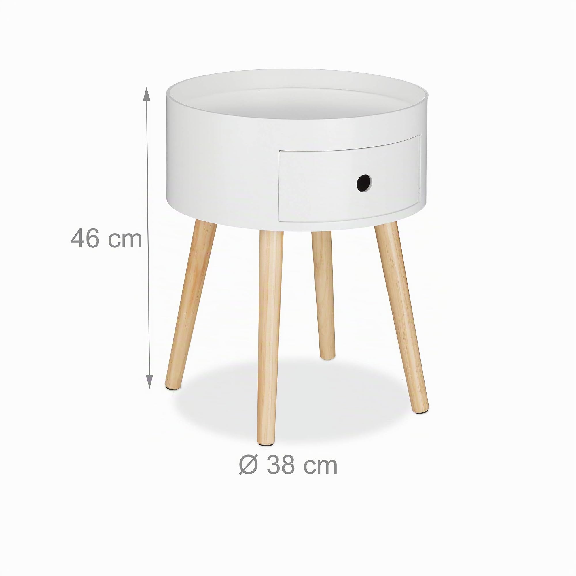 Relaxdays Table d’appoint Ronde, tiroir, Pieds en Bois, Design scandinave, Minimaliste, HxD 46 x 38 cm Blanc/Nature