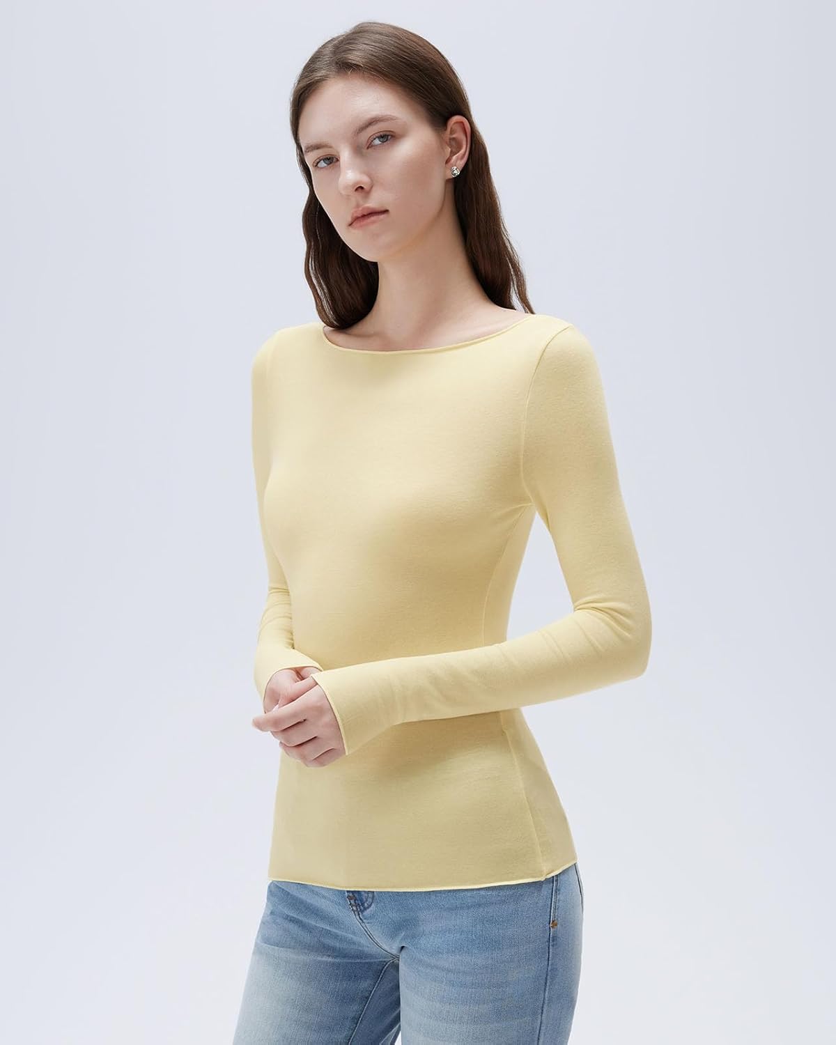 SUUKSESS Cloud Cashmere Women Boat Neck Fitted Long Sleeve Shirt Basic Knit Tops - Image 5