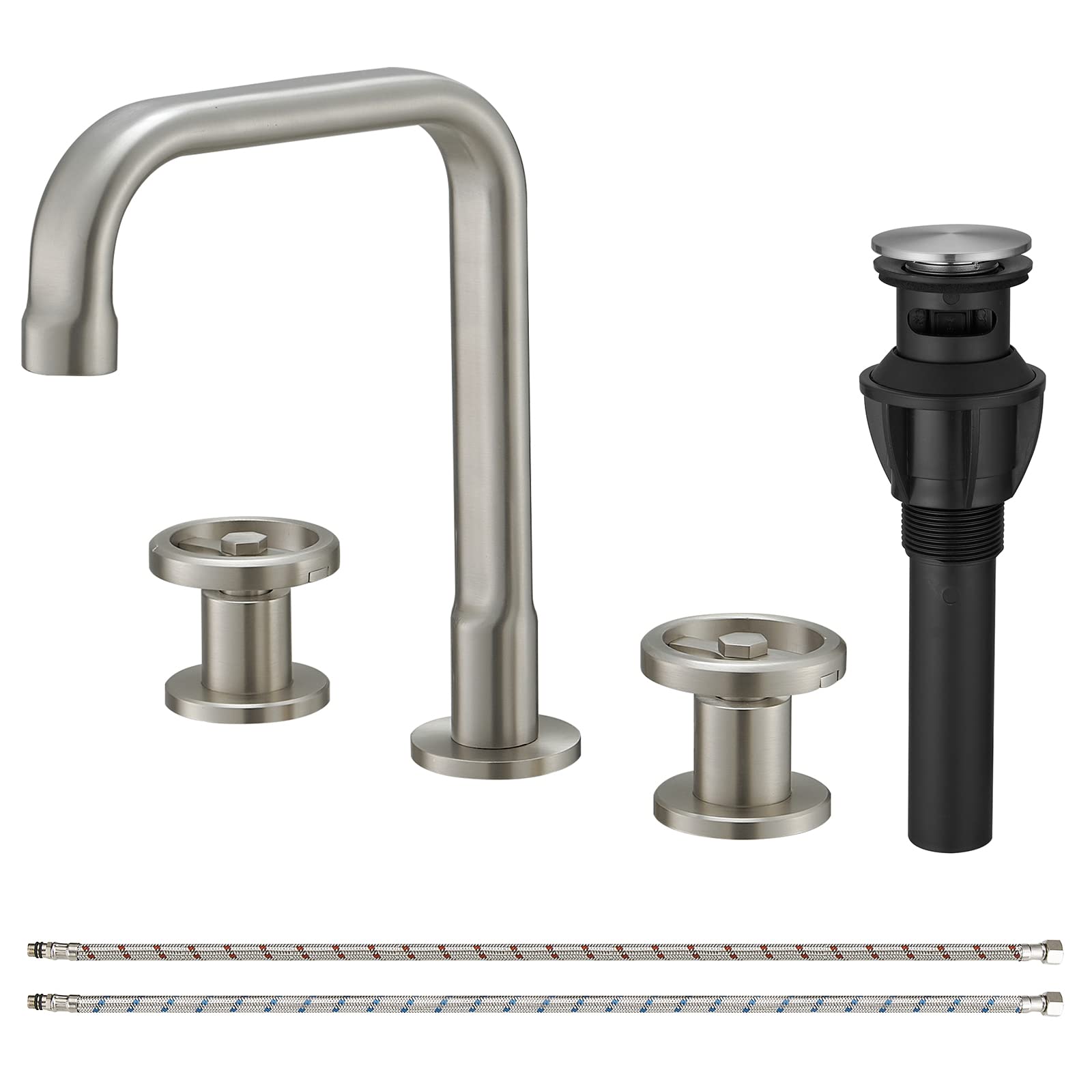BWE 8 Inch Widespread Bathroom Sink Faucet 2-Handle Brushed Nickel Bathroom Faucets for Sink 3 Hole with Pop Up Drain Stopper and Supply Lines Basin Tap Mixer Faucet