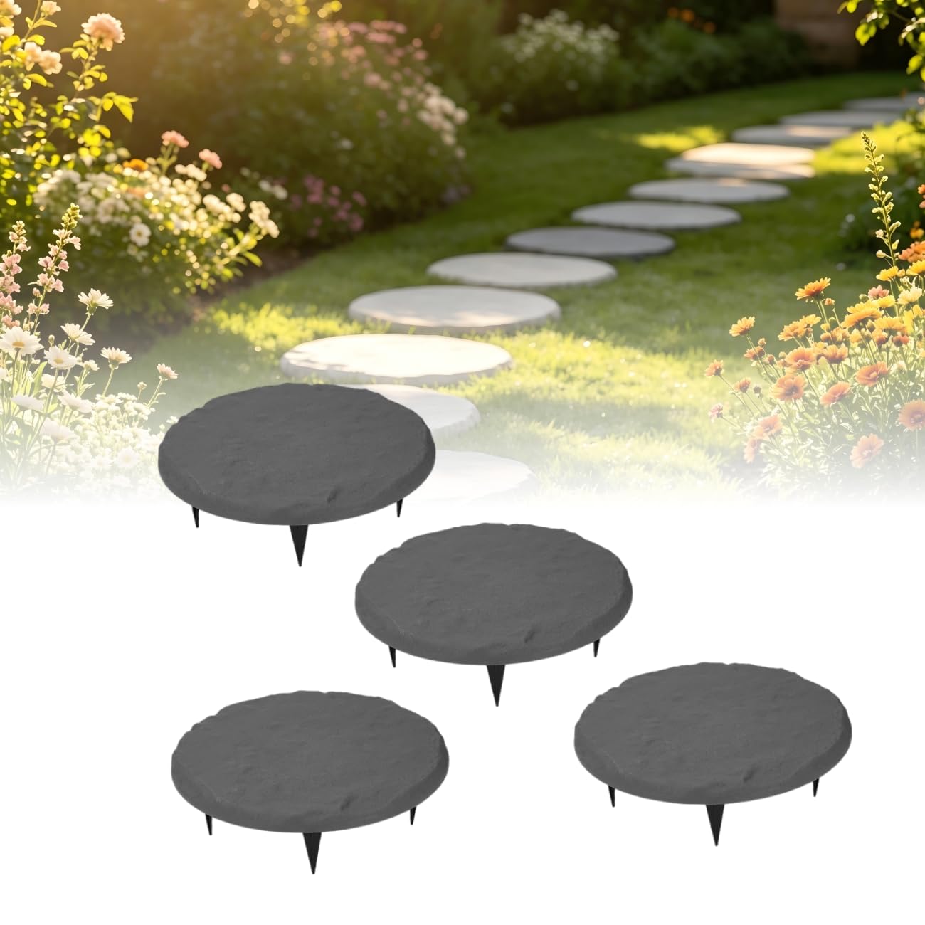 Lastre da giardino per esterni con picchetti di fissaggio Lastre decorative in polipropilene per sentieri giardini e vialetti Lastre di pavimentazione interrate per prati Ø 39 cm (grigie rotonde)