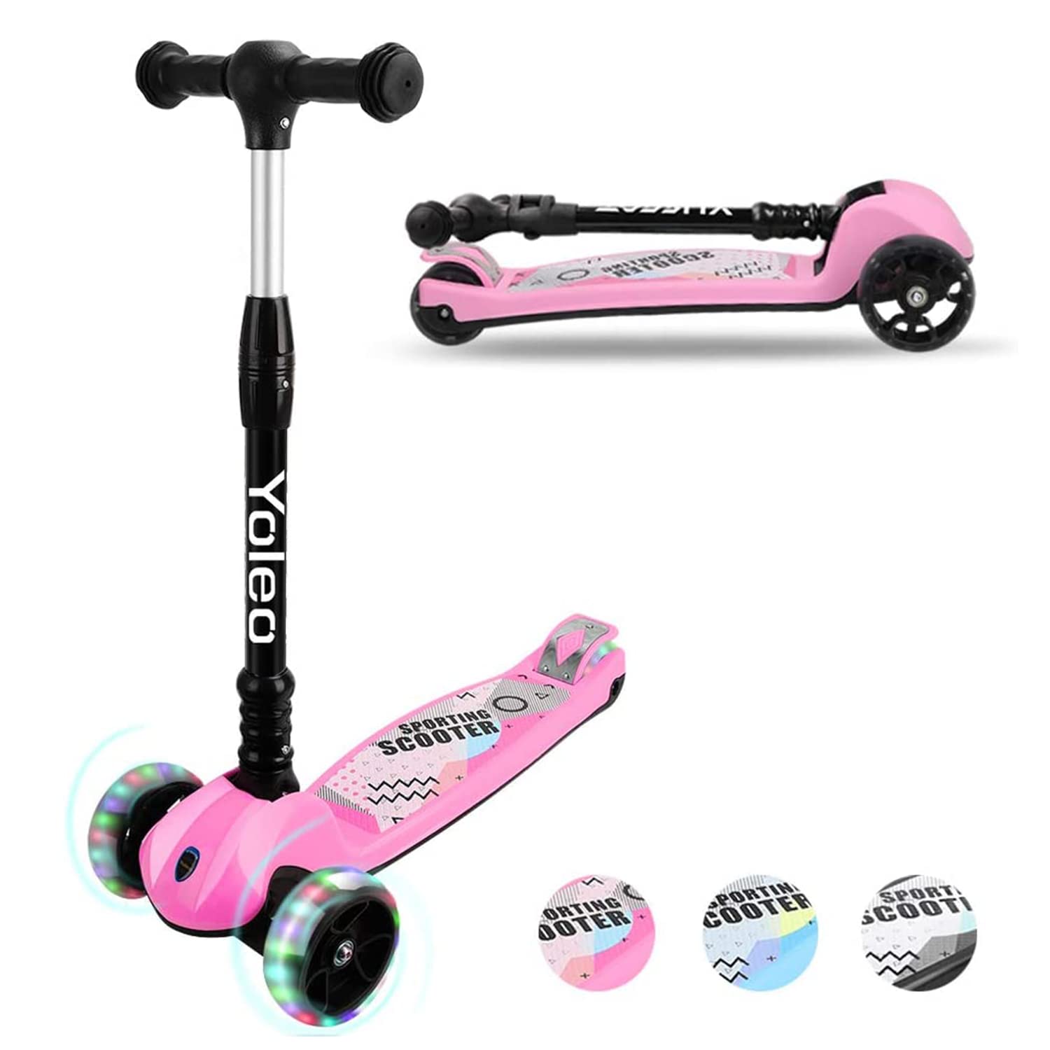 YOLEO Trottinette Enfants Pliable, Trottinette 3 Roues avec LED Roues Plateau Antidérapant, Trotinette réglable en Hauteur