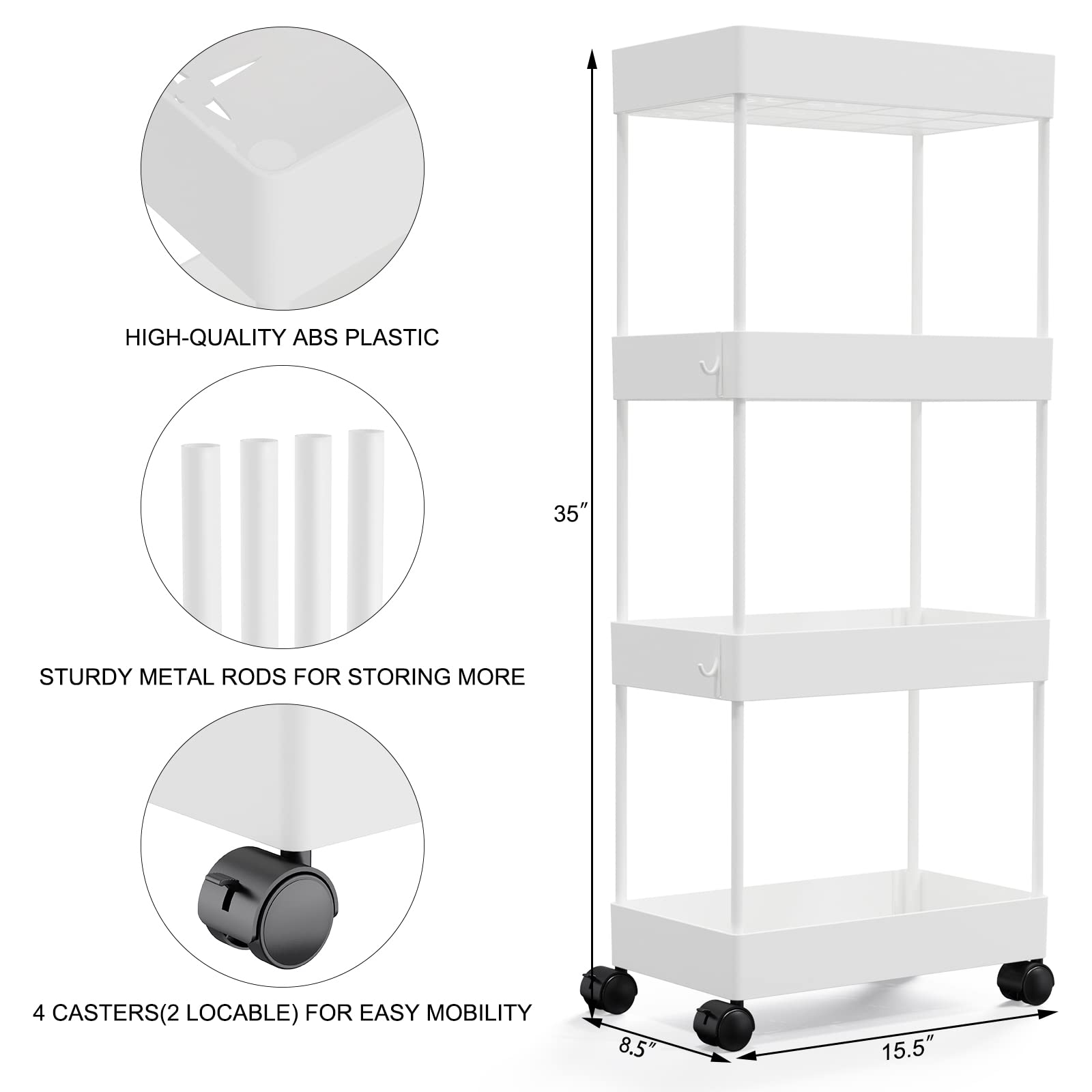 Cucn Slim Storage Cart, 4 Tier Bathroom Storage Cart with Wheels Slide