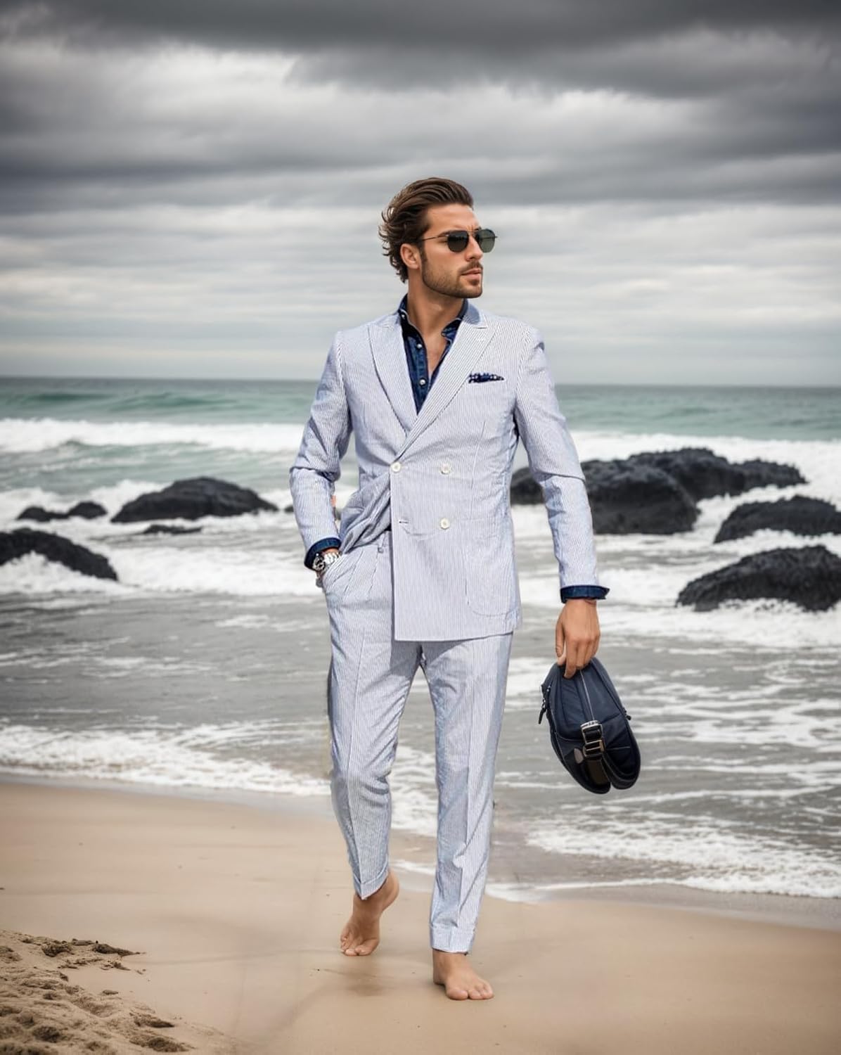 Seersucker Mens Suit Slim Fit 2 Pieces Striped Tuxedos Set Jacket Blazer Pants Double Breasted Summer Suits for Men Prom