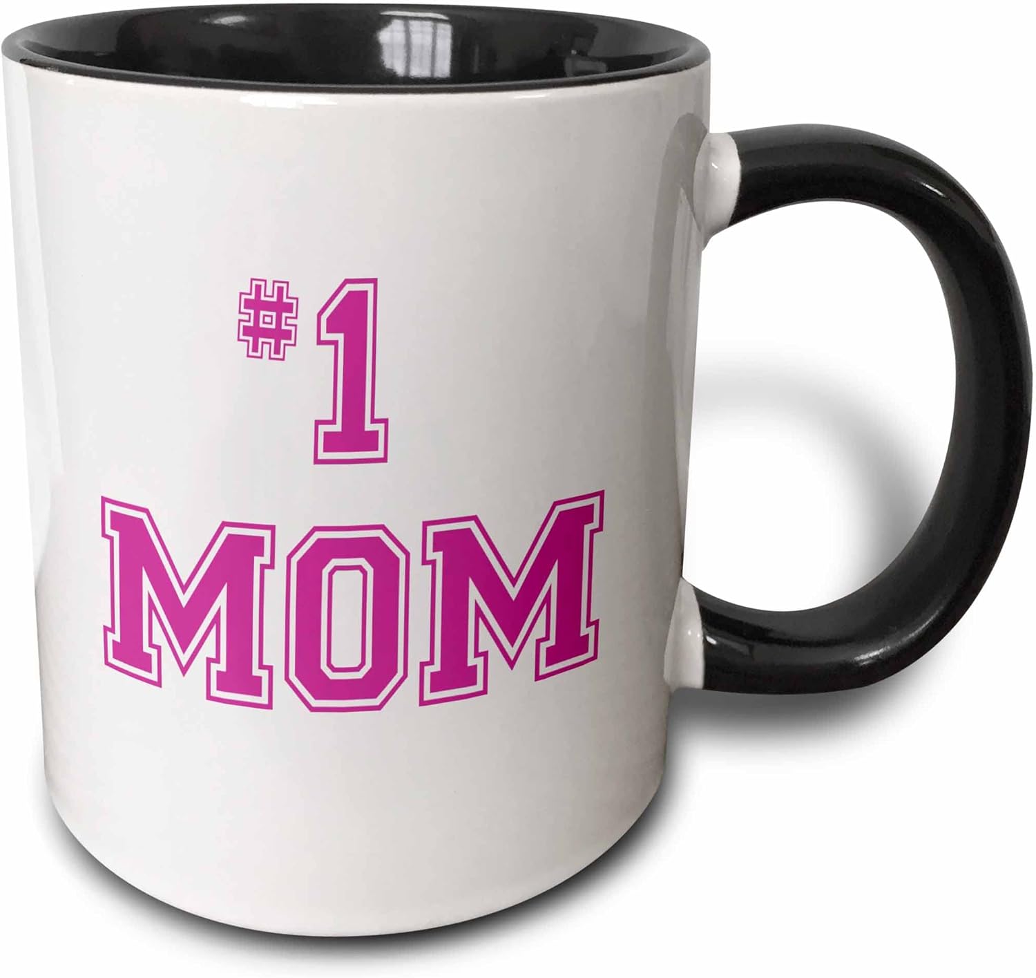 3dRose mug_151622_4 #1 Mom Number One Mom in Hot Pink Large Print Text for Worlds Greatest and Best Mothers Day Two Tone Black Mug, 11 oz, Black/White