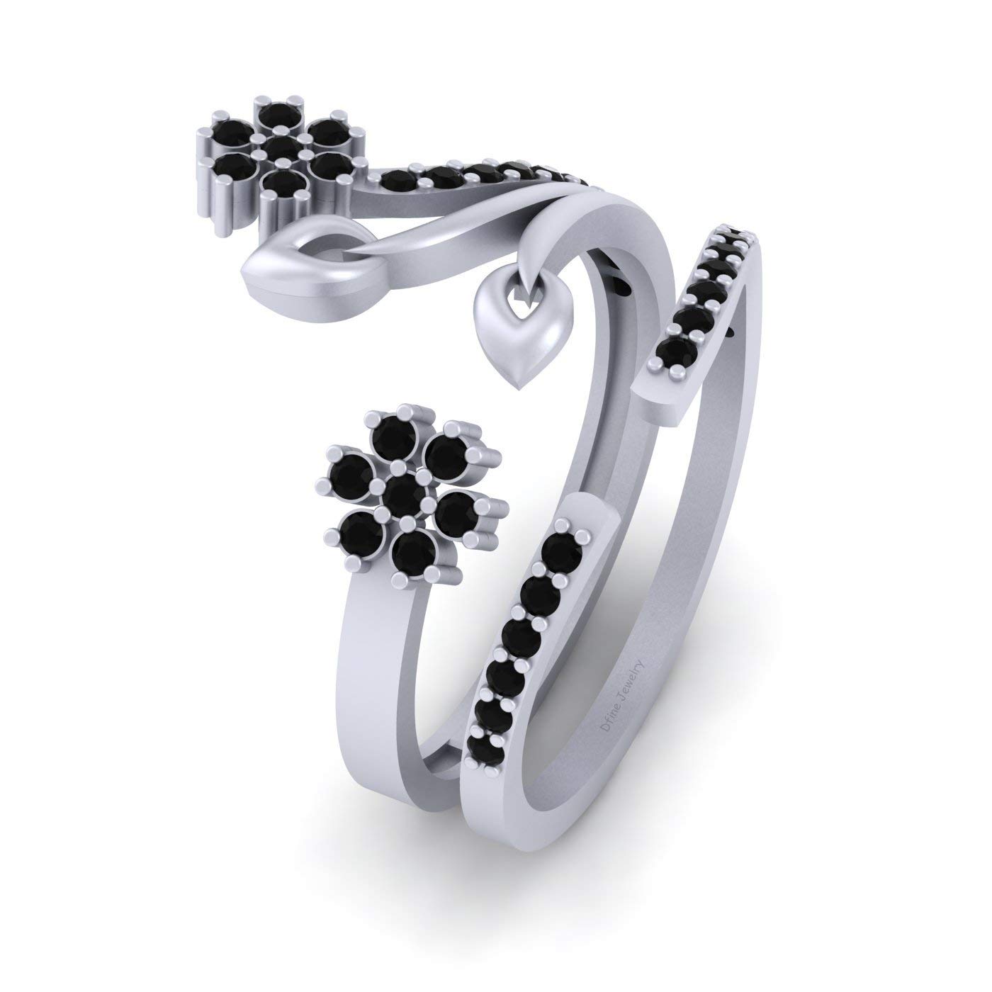 Juego de anillos de boda de plata de ley 925 maciza con diamante negro y hoja floral ajustable para novia, Metal metal Piedra, Diamond