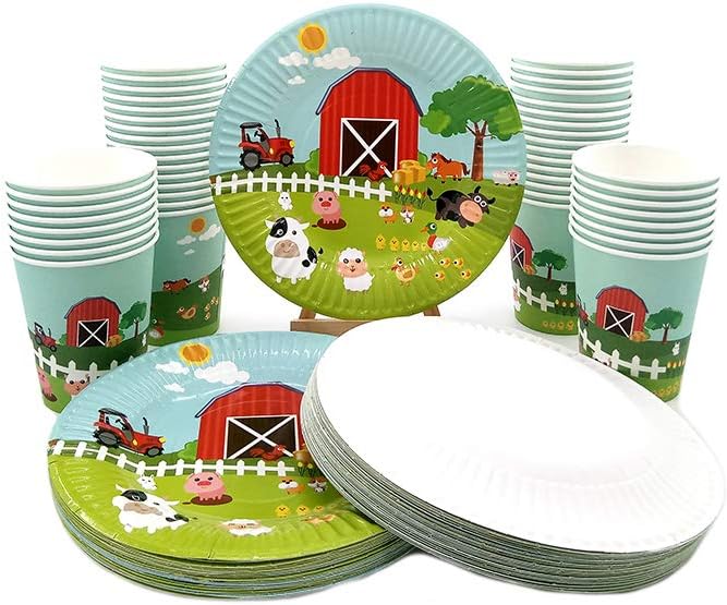 48 Piece Farm Animal Pig Cow Theme Disposable Paper Plate, Cup Set, Including 24 Dessert Plate, 24 Cup, Kids Birthday Baby Shower Party Plates Set, Tableware Dinnerware Set, Serves 24 Green
