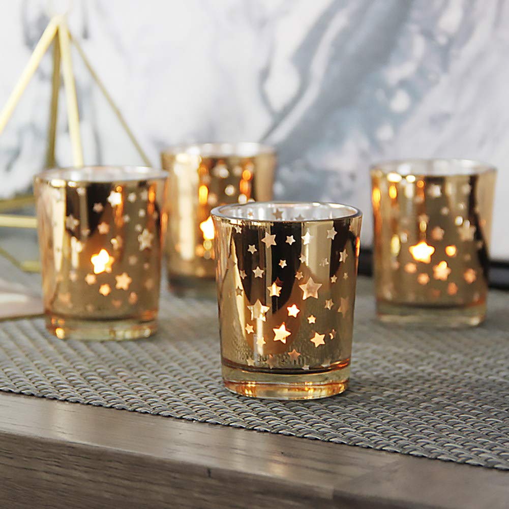 Seloom Gold Star Teelichthalter Quecksilberglas Votivkerzenhalter Set 12 Stück Perfekt für Hochzeit, Party, und Zuhause Dekoration - Teelicht Kerzen nicht im Lieferumfang enthalten