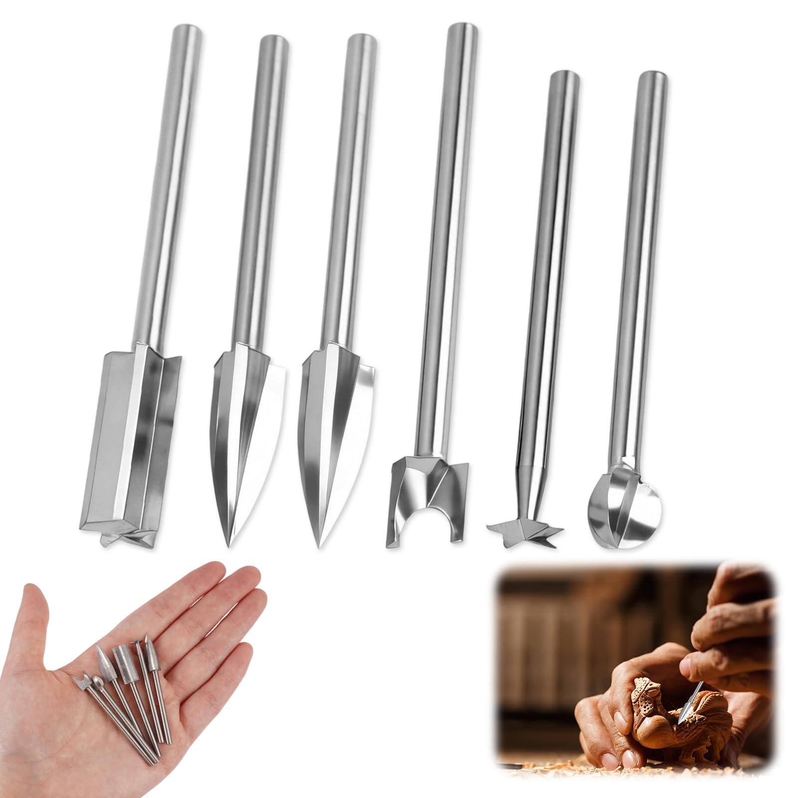 Brocas De Talla De Madera para Herramienta Rotativa, 6 Piezas Diferentes | Juego De Brocas De Madera Para Dremel Herramienta Rotativa, Brocass de Tallar de Carpintería con Vástago de 1/8”