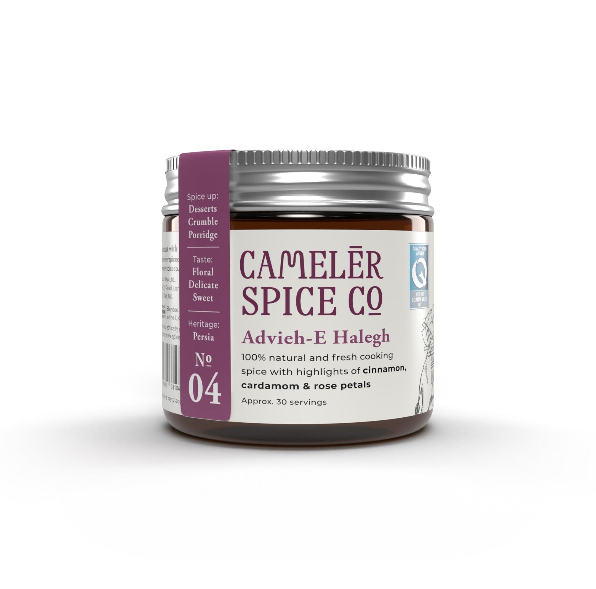 Cameler Spice Co - BCorp | Advieh-E Halegh | 6th Century BC | Award Winning | Traditional Persian Mix | Cardamom | Cinnamon | Cloves | Ginger | Nutmeg | Rose | Turmeric | Floral | Delicate | Sweet