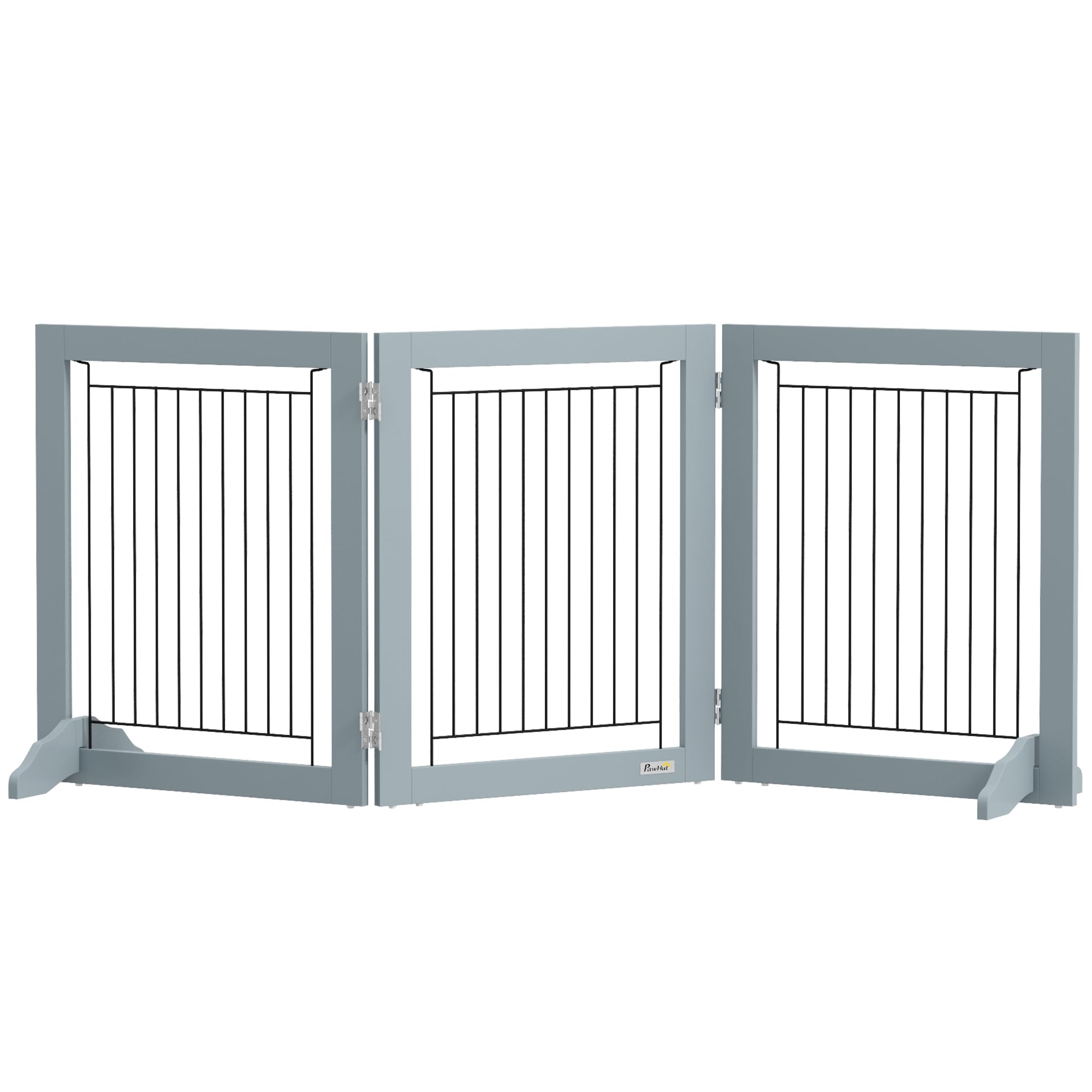 Pawhut Grey Foldable Wooden Pet Gate W/ 3 Panels 2 Support Feet For Small Dogs In