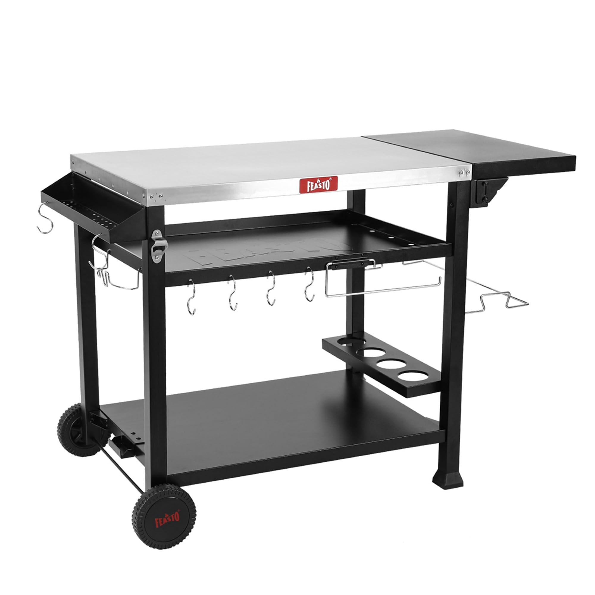 FEASTO Table de travail mobile à trois étagères pour la préparation des aliments, pour la maison et l'extérieur, en acier inoxydable, table de travail sur deux roues, 127 x 55 x 84 cm (L x l x H)