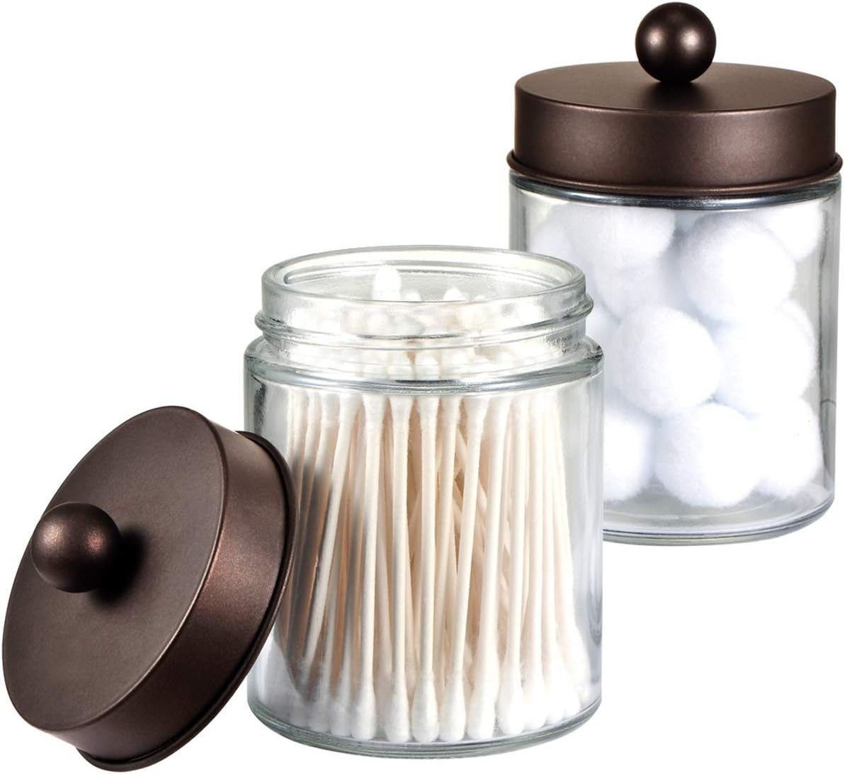 Amolliar Apothecary Jars Bathroom Storage Organizer - Cute Qtip Dispenser Holder Vanity Canister Jar Glass with Lid for Cotton Swabs,Rounds,Bath Salts,Makeup Sponges,Hair Accessories/Bronze (2 Pack)