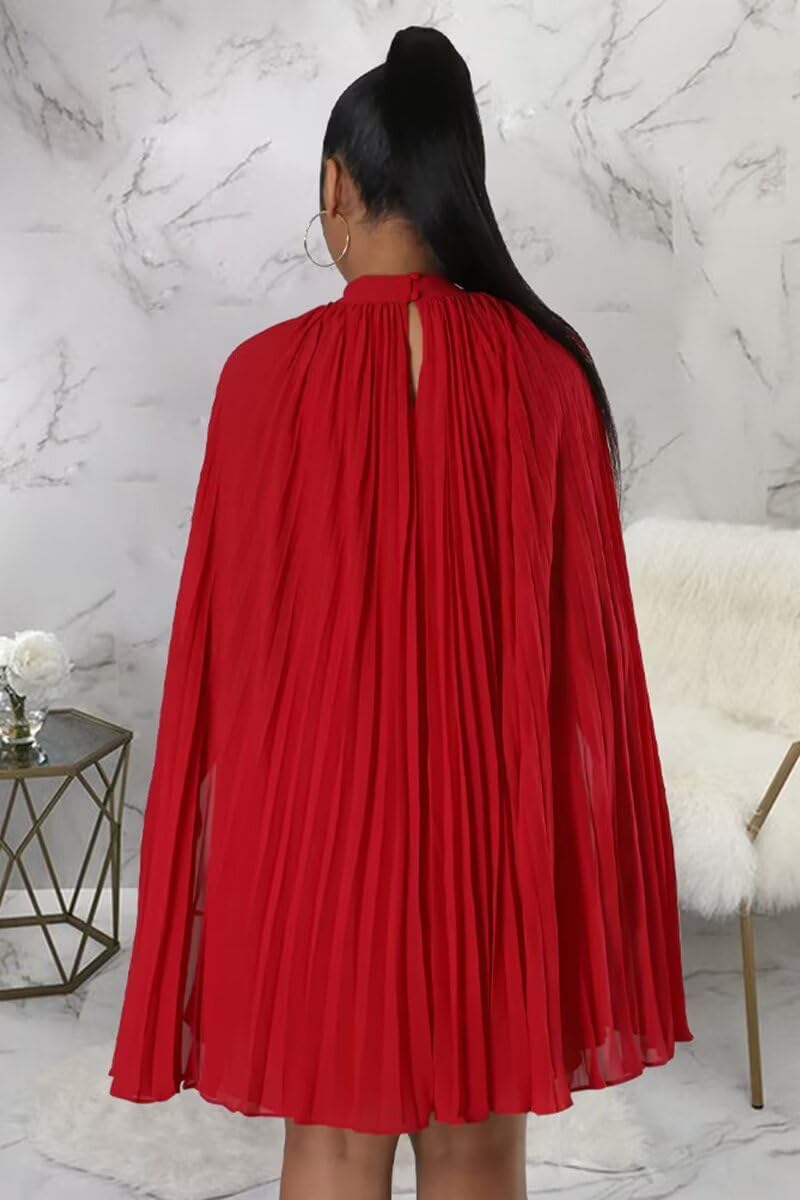 Women’s Casual Cape Sleeve Pleated Split Short Dress Loose Fit Cocktail Party Flowy Dress - Image 5