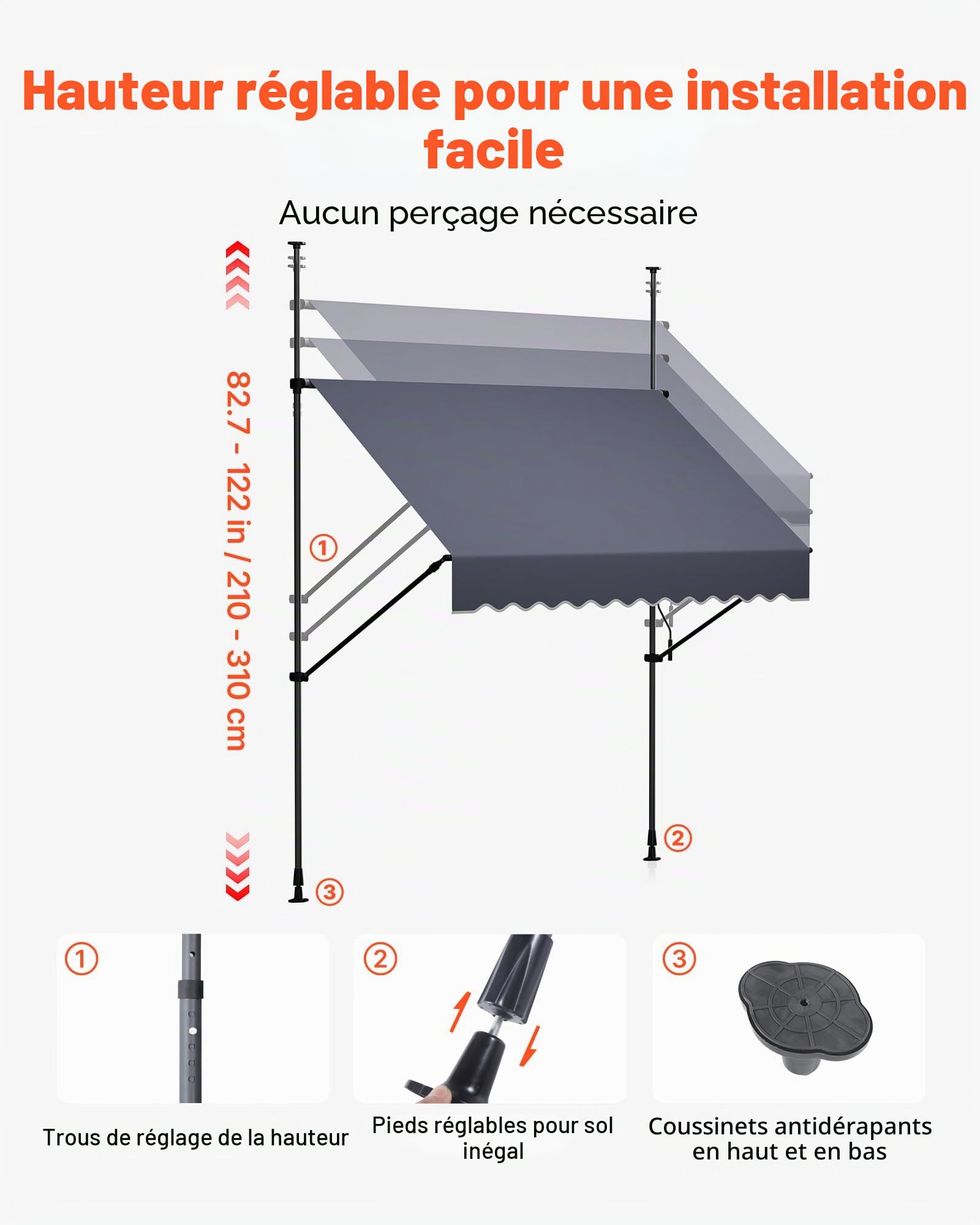 VEVOR Store Banne Manuel sans Perçage Auvent Rétractable 200 cm pour Terrasse et Balcon, avec Manivelle, Hauteur Réglable 210-310 cm, Barres Latérales Réglables 110-150 cm, Angle 0°-90°, Gris Foncé
