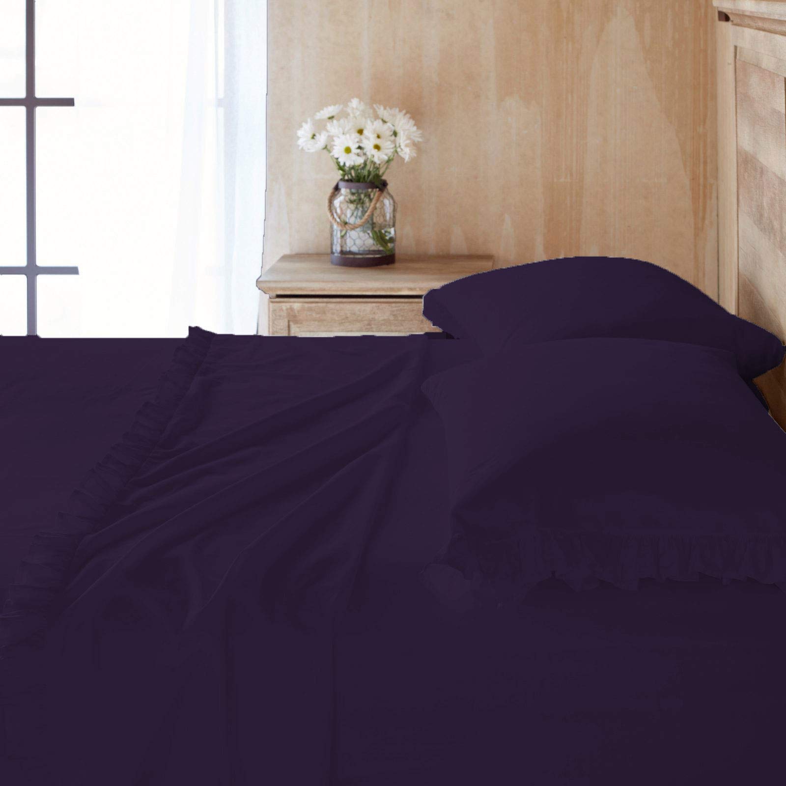 Coton égyptien 600 fils violet : Parure de lit luxe à volants grand bonnet