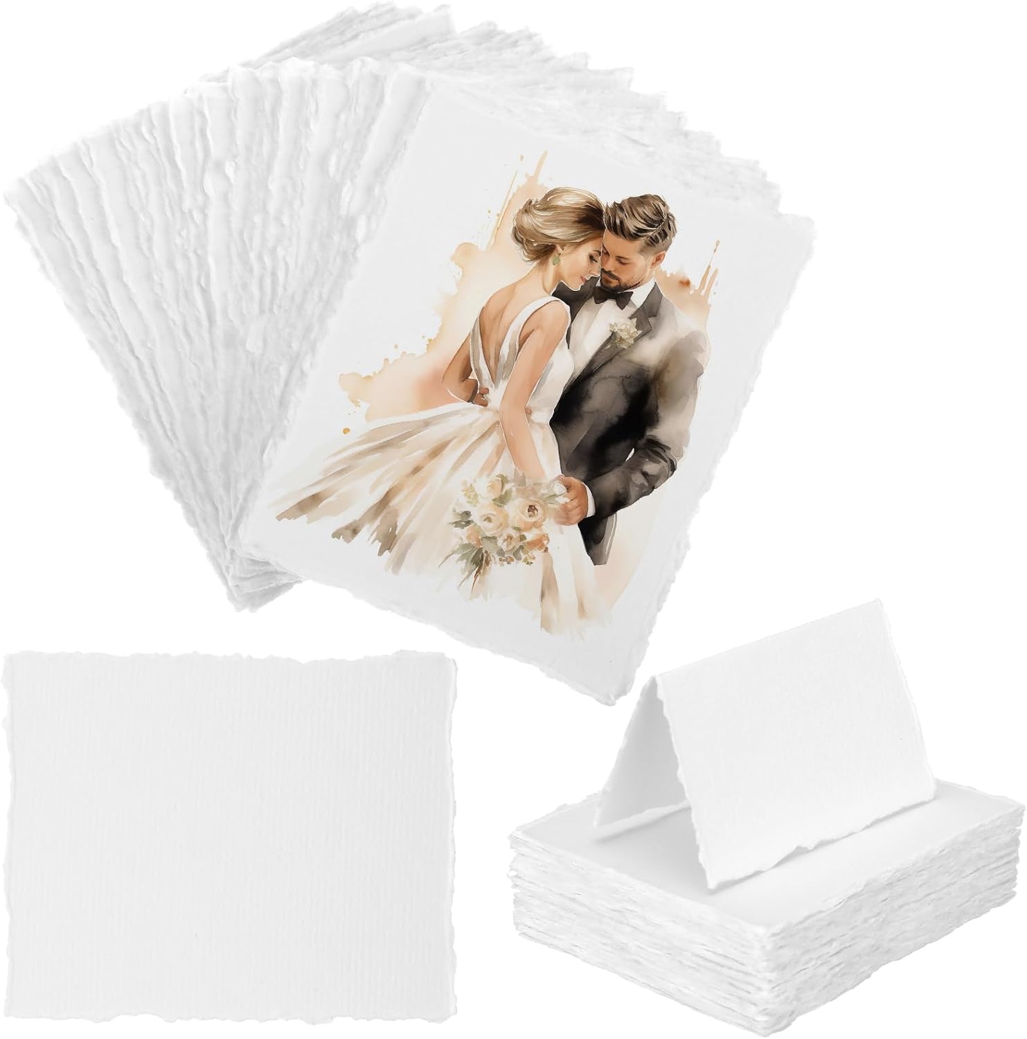 50 Pcs Handmade Deckle Edge Tent Cards Deckled Edge Paper Folded to 3.5 x 2 Inch 300 Gsm Blank Textured Cotton Paper Name Place Cards for Wedding Dinner Table Settings Gift Tags (White)