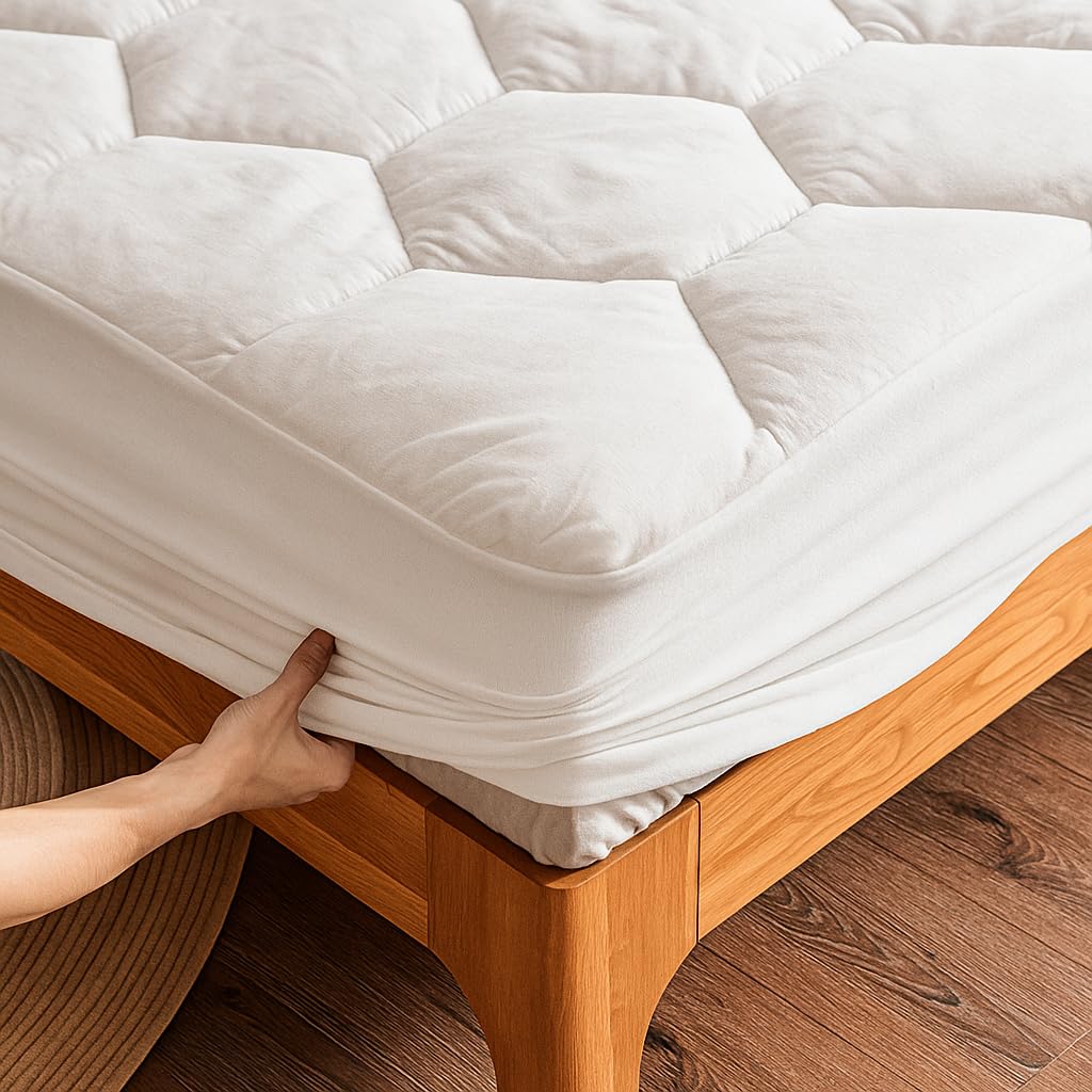 House 22 White Quilted Mattress Protector Double Bed (137×190 Cm) – Hypoallergenic & Soft Mattress Topper – Elastic Fitted Skirt With 30Cm Deep Pockets