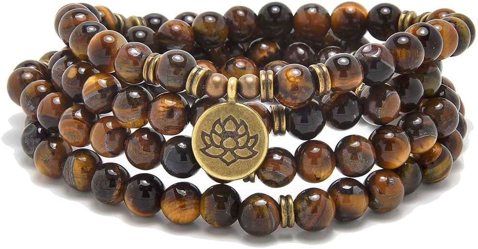 108 Natural Stone Mala Beads Yoga Bracelet with Lotus Charm