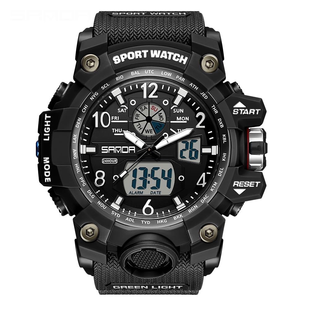 AIMES Men's Watches Outdoor Sports Waterproof Military Watch Tactical Digital Analog Wrist Watch Date Multi Function Led Large Face Alarm Stopwatch for Man black white-3169