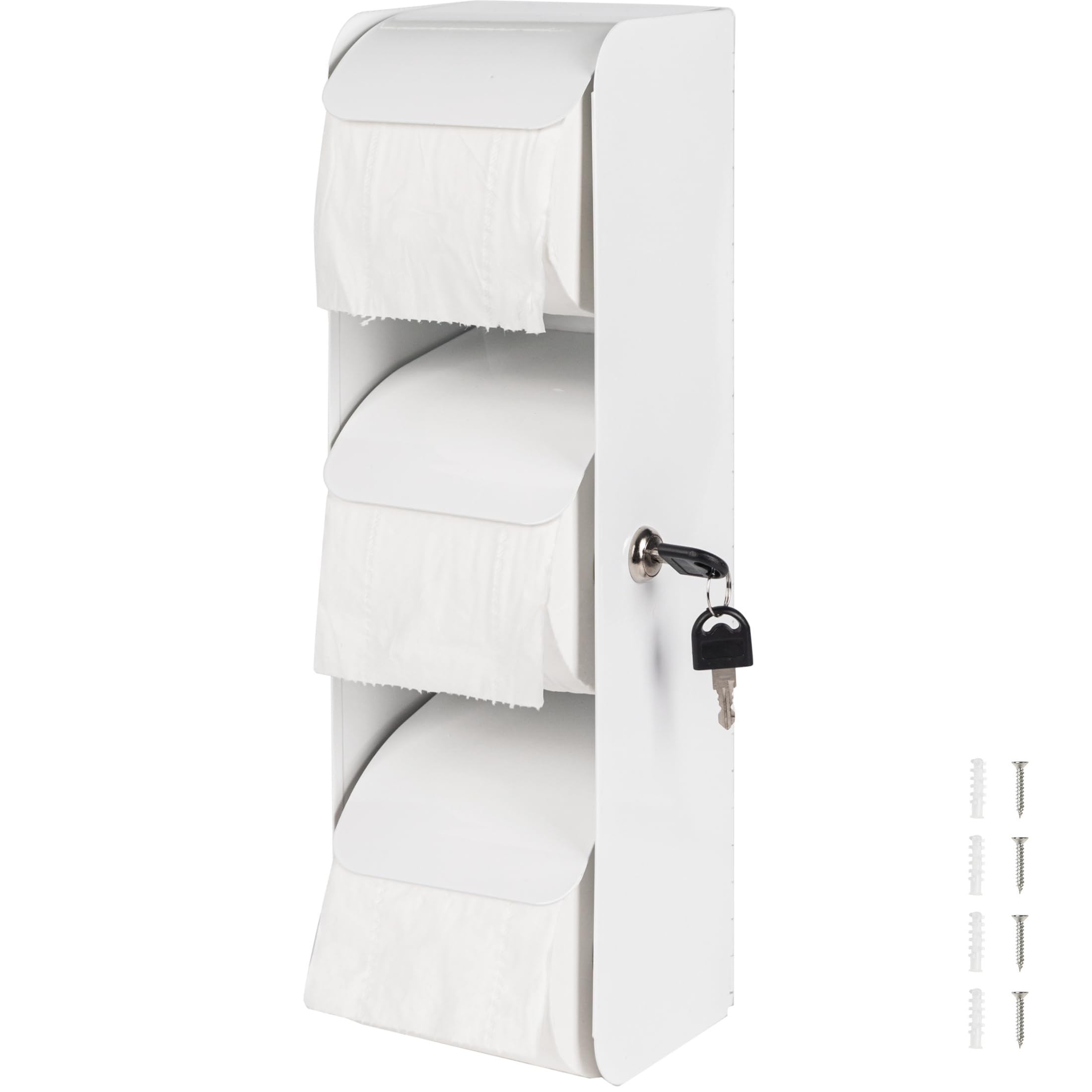 Dispensador comercial de papel higiénico de acero inoxidable, soporte para 3 rollos con cerradura, montaje en pared, opción de rollo doble, color blanco