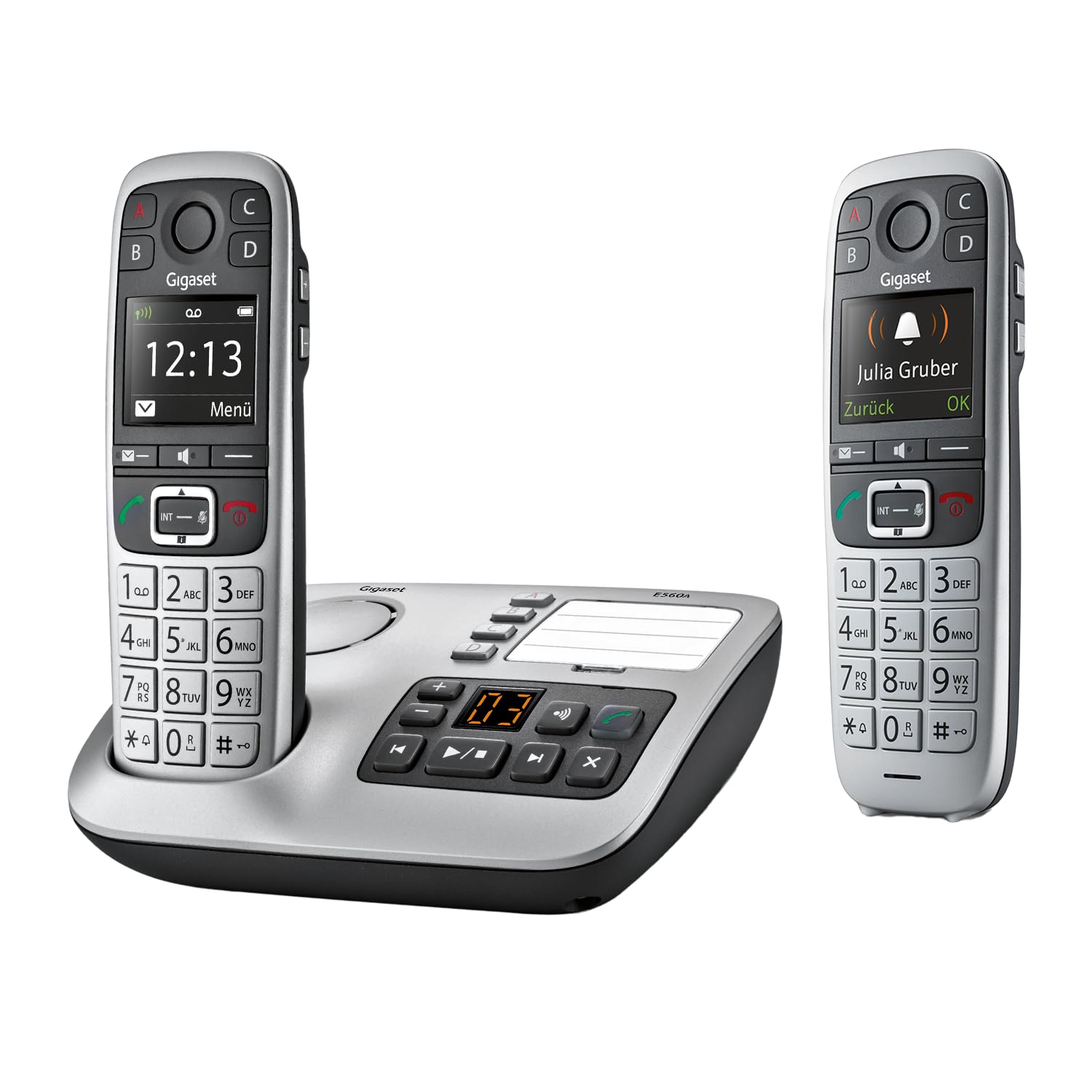 Gigaset E560A & E560HX - 2 DECT-Mobilteile mit Anrufbeantworter - Schnurloses Senioren-Telefon - Notruf mit 4 Nummern - Extralaut-Taste - Tastenfeld mit extragroßen Tasten, Silber