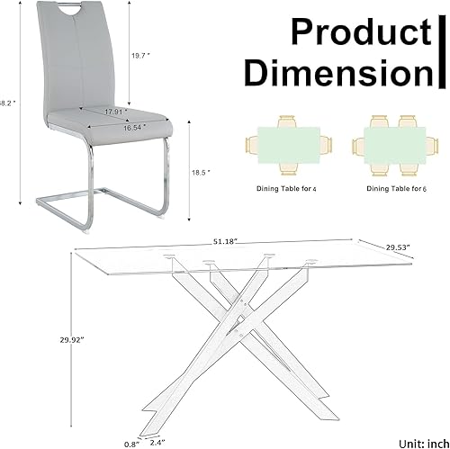 Miniatura 7 de Goujxcy Juego de mesa de comedor de cristal moderno para 4, juego de mesa y sillas de cocina de cristal plateado, juego de mesa de comedor de 5