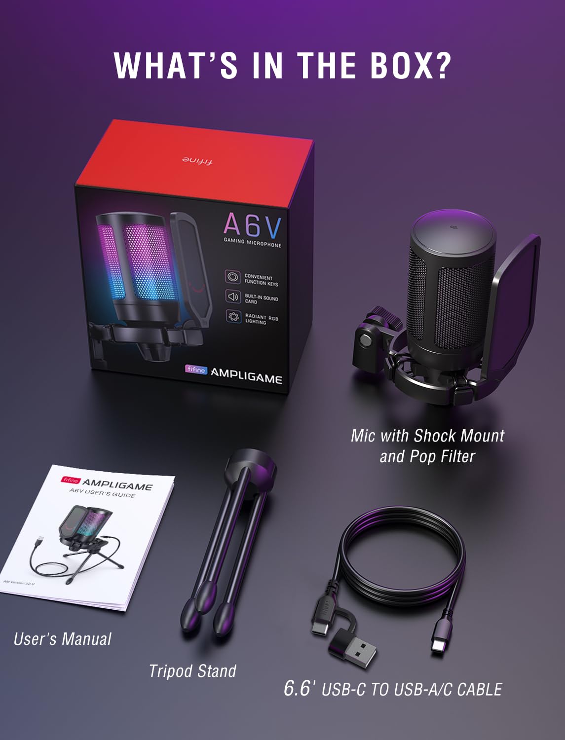 FIFINE Gaming USB Microphone for PC PS5, Condenser Mic with Quick Mute, RGB Indicator, Tripod Stand, Pop Filter, Shock Mount, Gain Control for Streaming Discord Twitch Podcasts Videos- AmpliGame