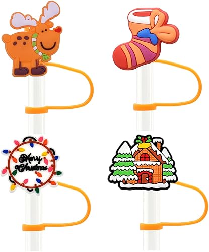 Miniatura 4 de 50 tapas de paja de Navidad al azar diferentes tapas de paja a prueba de polvo, protectores de paja de PVC, para vasos de 0.276-0.315 in, regalos de