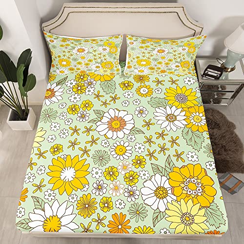 Retro 60s 70s Groovy Flower Fitted Sheet Queen,Rustic Psychedelic Blossom Bedding Sets Mens Women's Halloween Floral 1960's 1970's Hippie Bed Sheets Watercolor Floral Rural Pastoral Room Dec