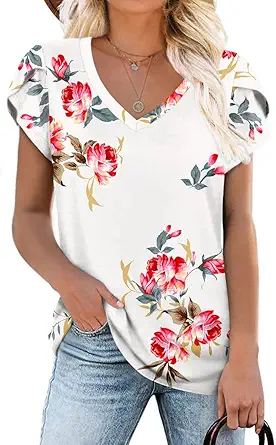 CATHY 2023 Womens Summer Tunics Short Sleeve Casual T-Shirts V Neck Loose Comfy Tops Tee Lightweight Cute Blouse