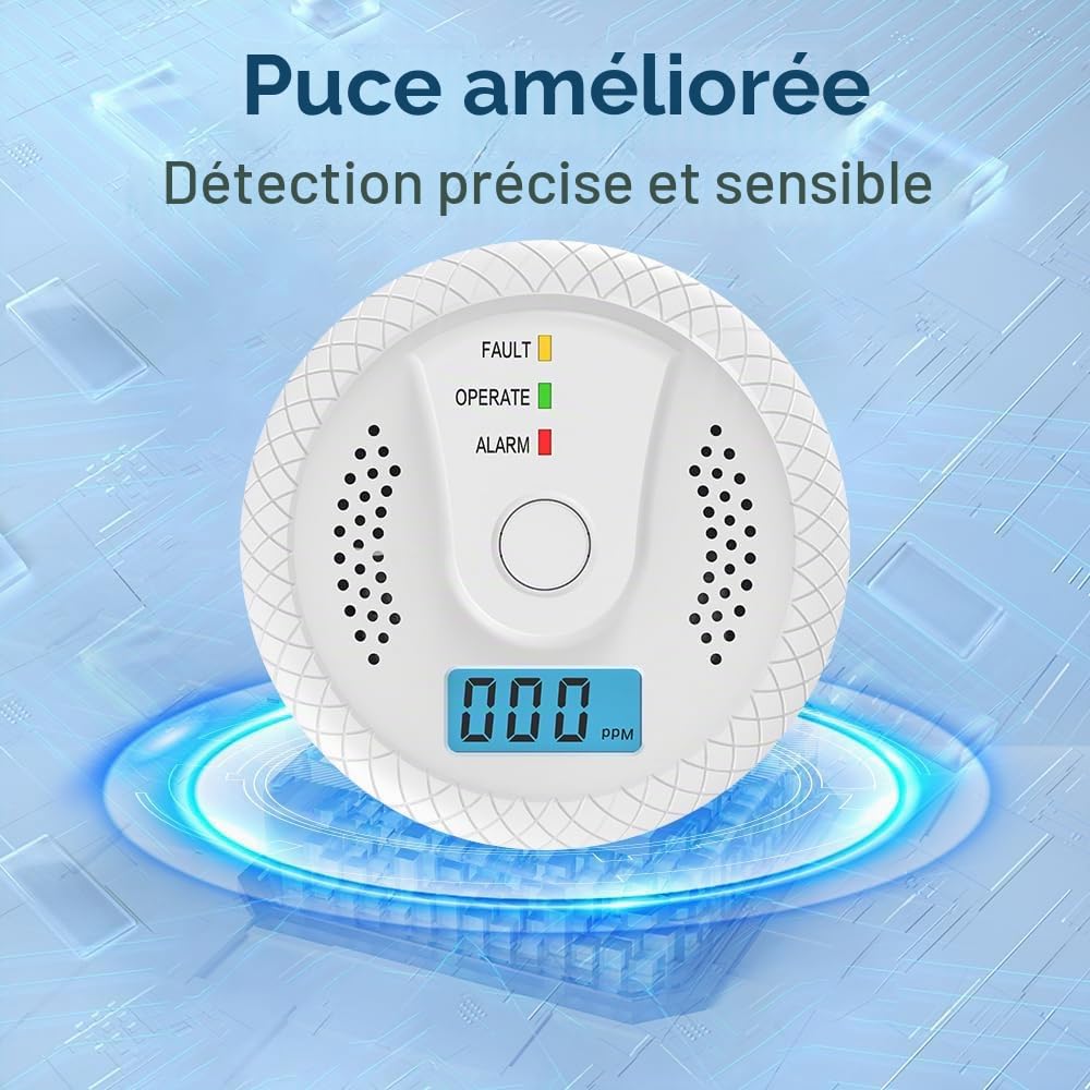Detecteur Monoxyde Carbone,Détecteur De Monoxyde De Carbone avec Affichage Numérique Et Alarme Sonore De 75 DB, Alimenté par Batterie, Convient en Accord avec la Norme EN50291