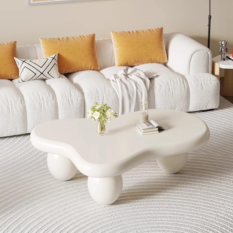 Moderna mesa de centro de madera con forma de nube, bonita mesa central para sala de estar, mesa baja irregular para interiores, mesas auxiliares blancas con 3 patas de bola ovaladas para sala de