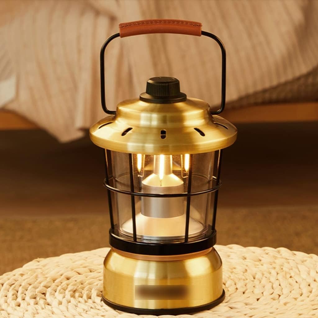 Lanterna da campeggio retrò, ricaricabile impermeabile, luce LED atmosferica, lampada portatile a batteria lunga per escursionismo, patio, emergenza, regalo in ottone