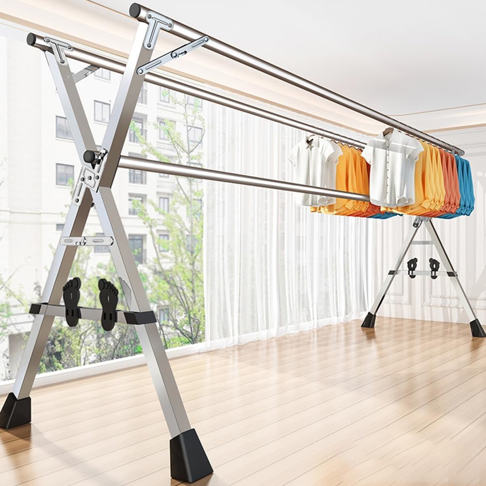 Foldable Drying Rack with Shoe Holder - Retractable X-Shaped Stainless Steel Clothes Dryer with Non-Slip Feet, Clips & Hooks - 240cm/94.5in Laundry Drying Solution