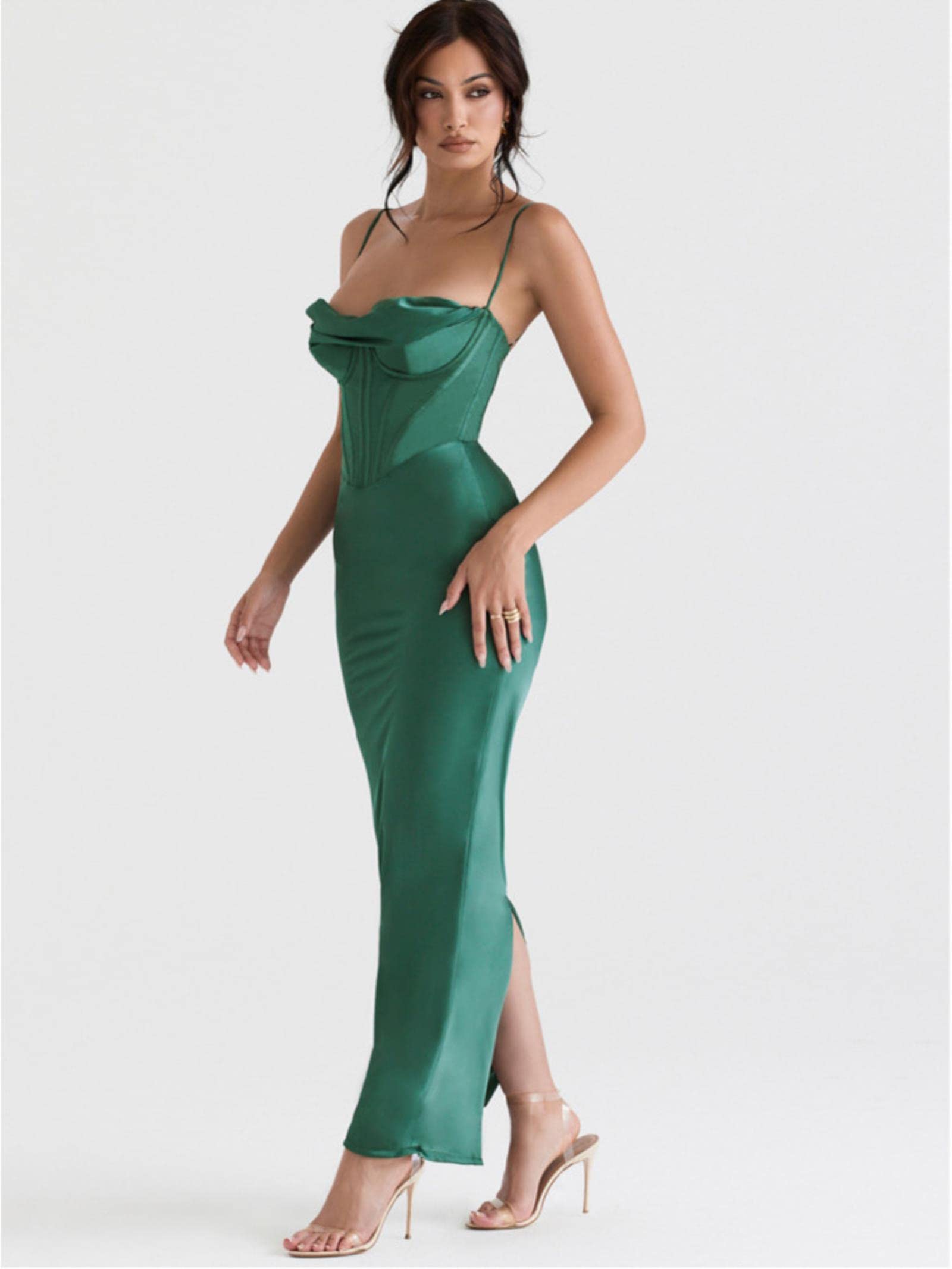 Maxi abito sexy senza schienale in raso per le donne vestido-lavanda, alla moda con cinturino senza maniche e senza maniche