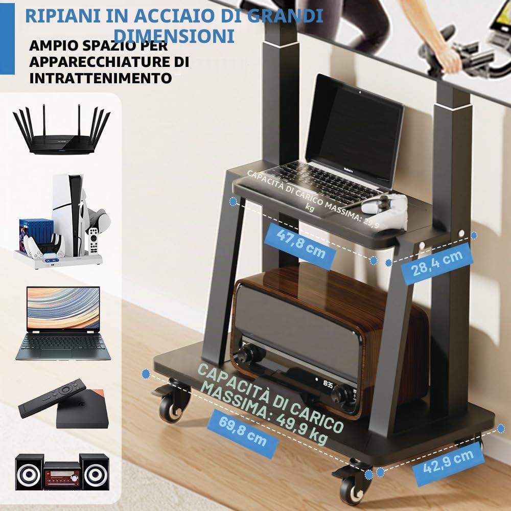 Porta tv da terra mobile Supporto per TV portatile su ruote da 32 a 75 pollici, supporto TV mobile con ripiano, regolabile in altezza, supporta fino a 130 lbs, Vesa 600×400