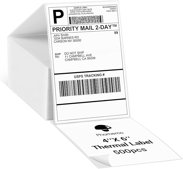 Phomemo 4x6 Thermal Paper Printer Label Thermal Direct Shipping Label Package Labels Compatible with Rollo Dymo Phomemo and Other 4 * 6 Label Printer (Pack of 500 4''x 6'' Fan-Fold Labels)