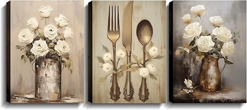 Arte de pared de cocina, 3 piezas, lienzo vintage, tenedor, cuchillo, cuchara, imagen, retro, flor blanca en maceta, pintura de arcos para comedor,
