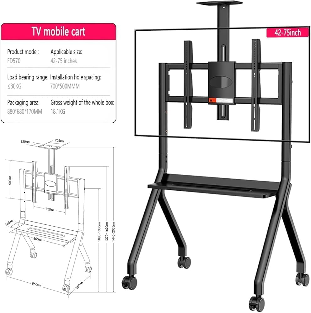 Supporto interattivo per lavagna bianca, carrello TV con 4 ruote bloccabili, carrello mobile per schermo piatto per ufficio o classe